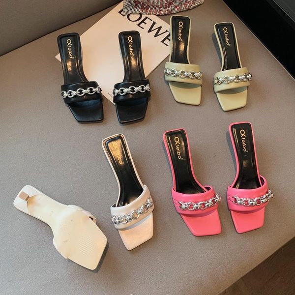 

summer women sandals slippers metal chain ladies slides open toe slip on mules shoes thin low heels dress, Black