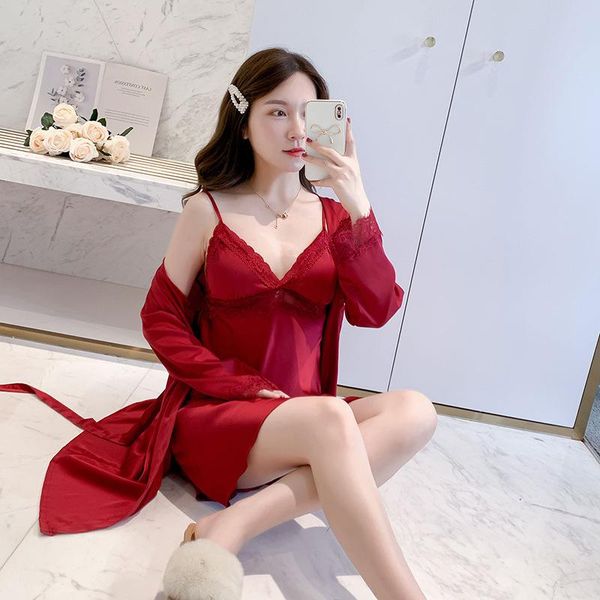 

women's sleepwear 2pieces womens' summer robe gown loungewear sets drop luxury ice silk satin v neck sleep night dress pyjamas, Black;red