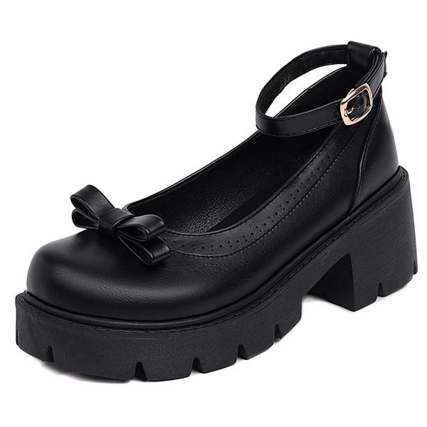 

dress shoes lucyever sweet bow chunky heel mary janes women 2021 ankle strap platform lolita woman pu leather pumps plus size 43, Black