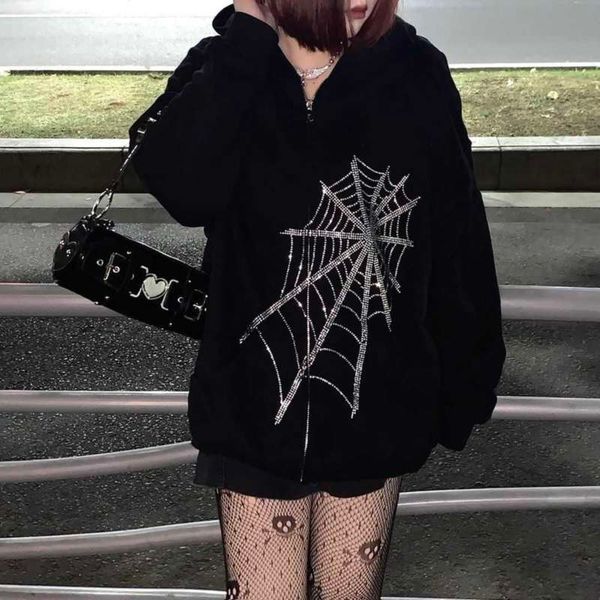 Harajuku Outwear Reißverschluss Sweatshirts Emo Alt Kleidung Gothic Punk Spinnennetz Mit Kapuze Frauen Fee Grunge Dark Plus Größe Hoodies 210928