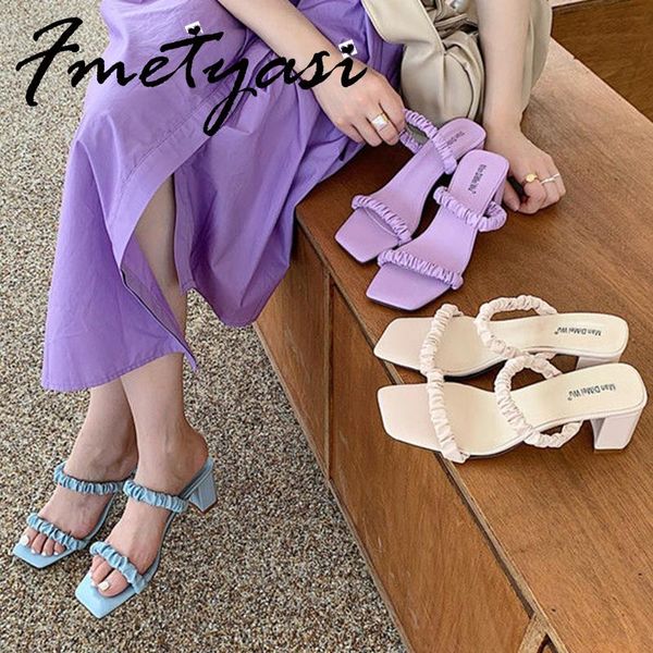 

sandals shoes woman medium heel summer design pleated pu leather outdoor elegant fashion open toe slip-on, Black