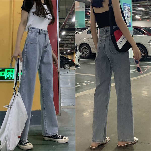 

women's jeans wide leg loose fit and high waistline look slim elegant, Blue