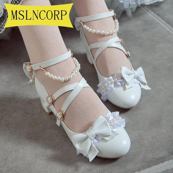 

plus size 34-43 wedding shoes women spring bow lolita pearl cross wrist strap buckle women's single shoe woman pumps dress, Black