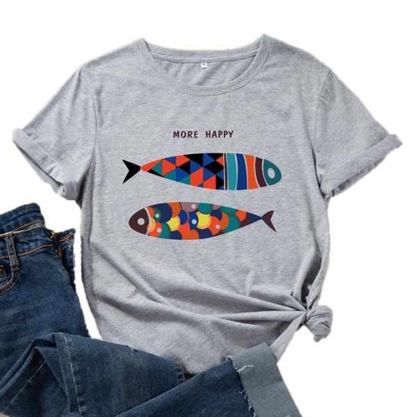 

women's t-shirt graphic tee for women cotton print t shirts short sleeve crew neck summer female clothes colorful fish more happy, White