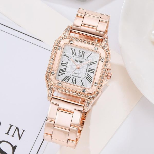 Нарученные часы выставляют женскую корейскую модную стальную сталь Square Square Head Diamond Inlaid Watch Business Wersatile Quartz