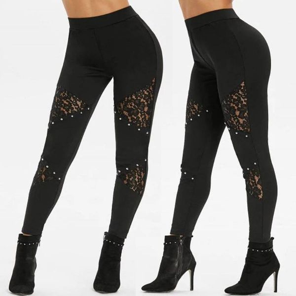 

stretch push up leggings women elastic waist perspective studded flower lace splice casual pants fashion women's, Black