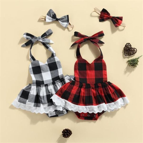

clothing sets 2 pcs born christmas outfits baby girls tie-up bodysuit lace trim plaid halter romper headband with bowknot 0-24 months, White