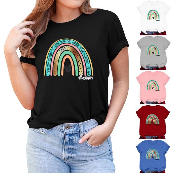 

women's t-shirt fashion cute letter rainbow print european and american loose large size round neck short sleeve top, White