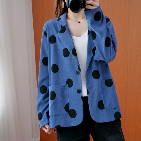 

women casual baggy blazers autumn coat jackets vintage polka dot pocket linen suit blazer outwear chinese ladies 11438, Red