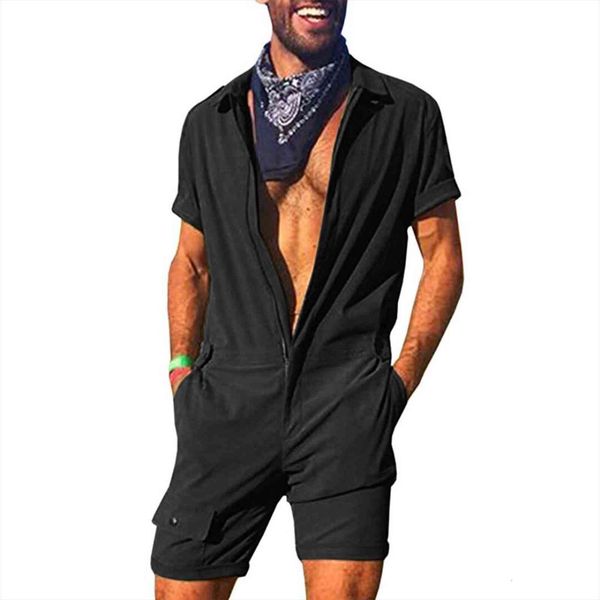 

breathable summer autumn jumpsuit, women pant male solid color lapel short sleeve overalls shorts casual pocket siamese trousers, Black