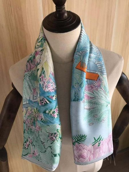 

scarves 2021 arrival winter autumn classic blue 100% pure silk scarf twill hand made roll 90*90 cm shawl wrap for women lady, Blue;gray