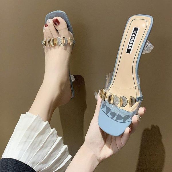 

shoes woman 2021 slippers women summer transparent heel square pantofle luxury slides jelly flip flops heeled mules soft, Black