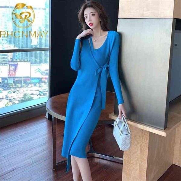 

autumn winter elegant retro v-neck temperament frenulum knitted dresses asymmetric knitted dress 210520, Black;gray