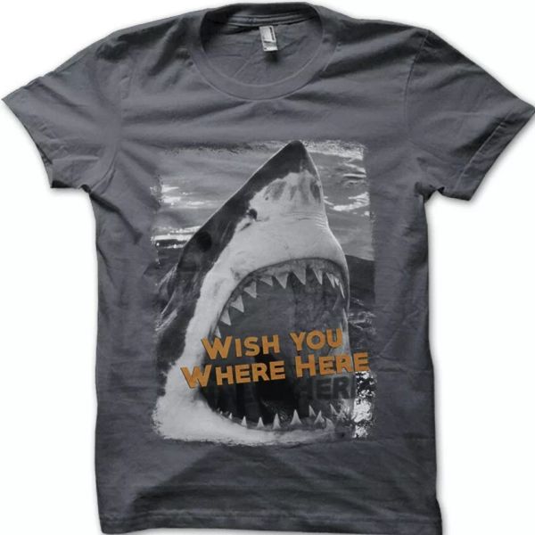 

SHARK JAWS Wish You Were Here funny printed t-shirt 8996, White;black