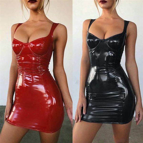 

casual dresses women pu leather mini bodycon dress wet look strappy v neck party slim high waist clubwear vestido 5 colors, Black;gray
