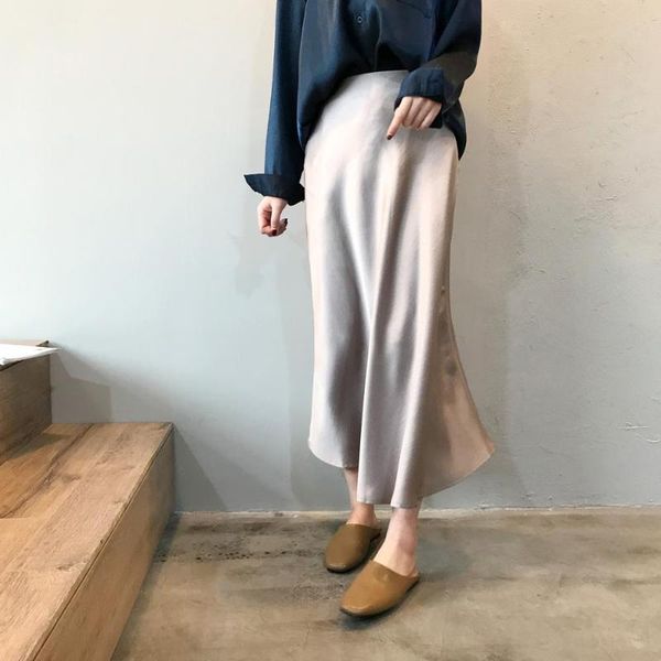 

skirts long high waist satin skirt women elegant silk a-line solid vintage ol ladies summer womens, Black