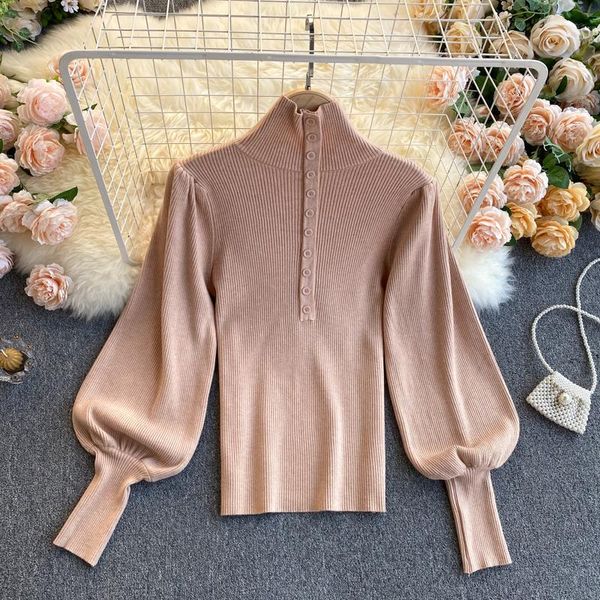 

women's sweaters women autumn winter knitted sweater ladies fashion korean lanterns sleeves turtleneck buttons sueter female slim pullo, White;black