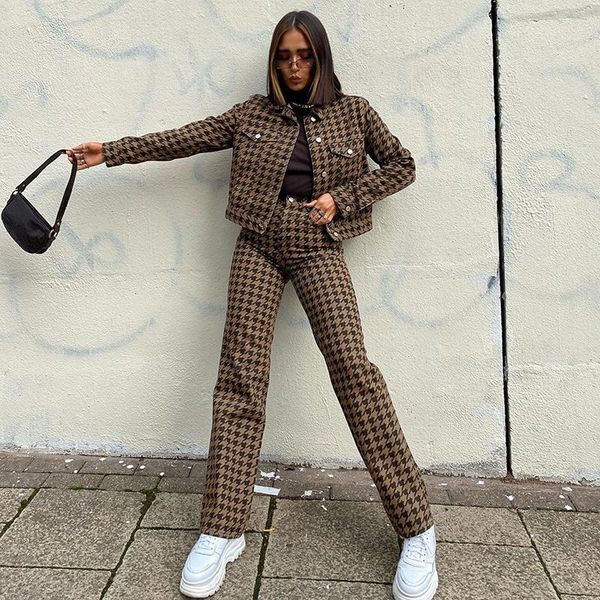 

women's two piece pants rapwriter vintage houndstooth tracksuits stragiht cropped jacket fashion 2021 set winter female outfits, White