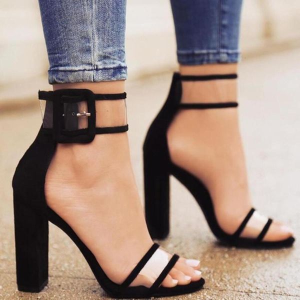 

large sandals 34-43 summer thick heel buckle women's high heels, Black