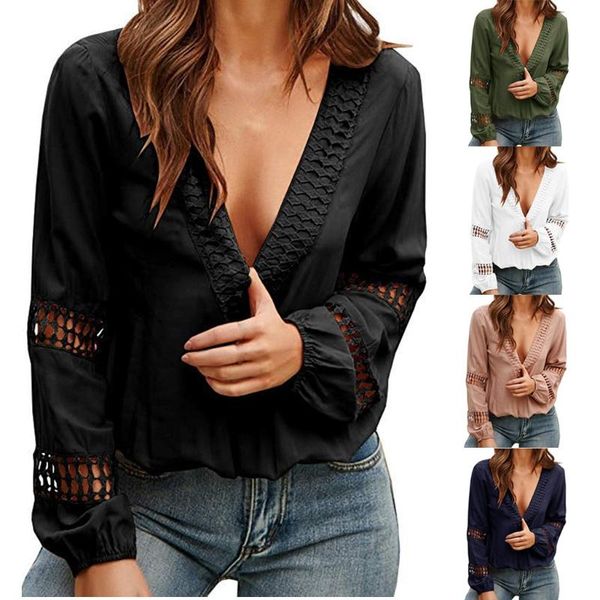 

women's t-shirt 2021 fashion lace patchwork deep v neck hollow out t shirt, White