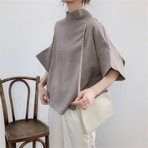 

women's polos 2021 japanese style temperament blouse solid color summer simplicity casual bat sleeve stand-up collar loose, White