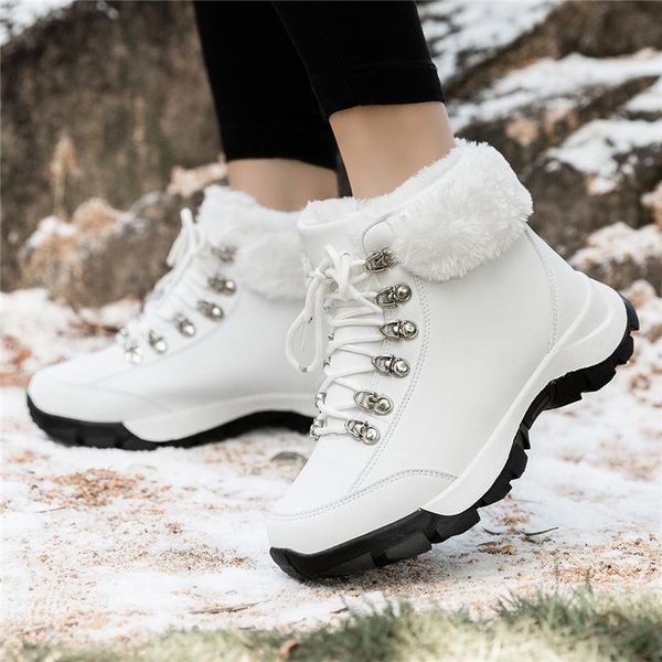 

boots winter ankle women plus velvet snow warm outdoor lace up fashion round head casual mujer, Black