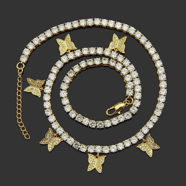 

4mm butterfly necklace 14k gold plated iced out tennis chain choker necklace cz hip hop bling jewelry mens necklaces diamond jewelry, Black