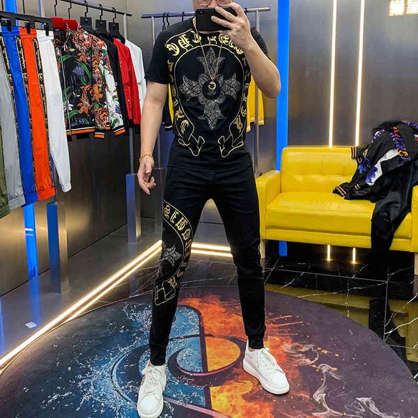 

hoodies men's summer short t-2021 korean versatile fashion two suit parts, Black