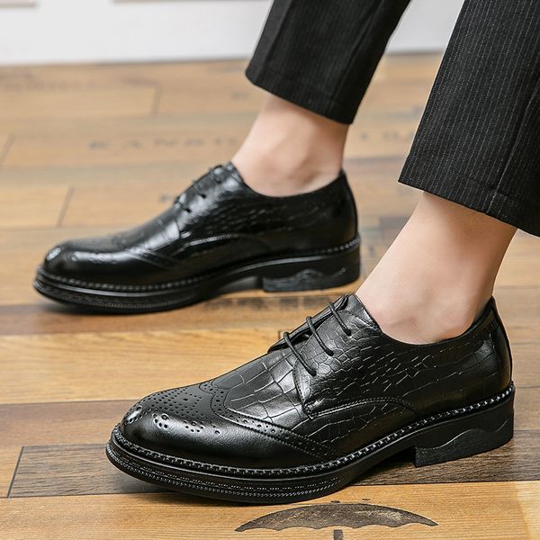 

oxfords derby brogue dress men shoes 2021 new shallow casual business shoes classic comfortable spring autumn round toe pu leather lace up d, Black