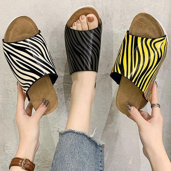 

women's wedges slippers summer woman shoes peep toe ladies thick platform comfort female slides zebra printed 2021 fashion, Black