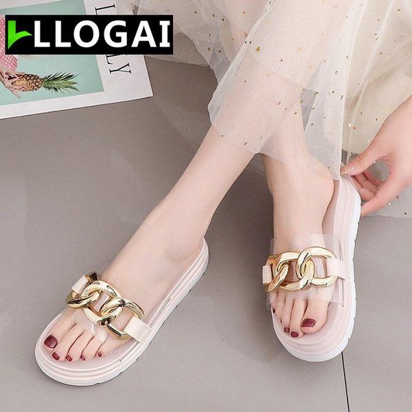 

slippers summer women flat heel casual slide fashion metal chain outdoor beach sandals ladies flip flops shoes woman, Black