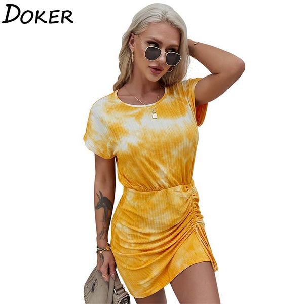 

tie dye round neck short sleeve summer office ladies mini dress bag hip high waist pleated irregular lace women dress 210423, Black;gray
