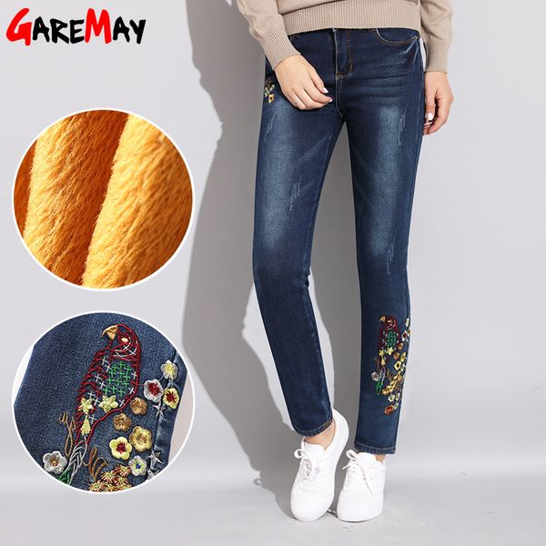 

warm jeans with embroidery winter women's slim denim stretch skinny velvet for women female pencil pants 210428, Blue