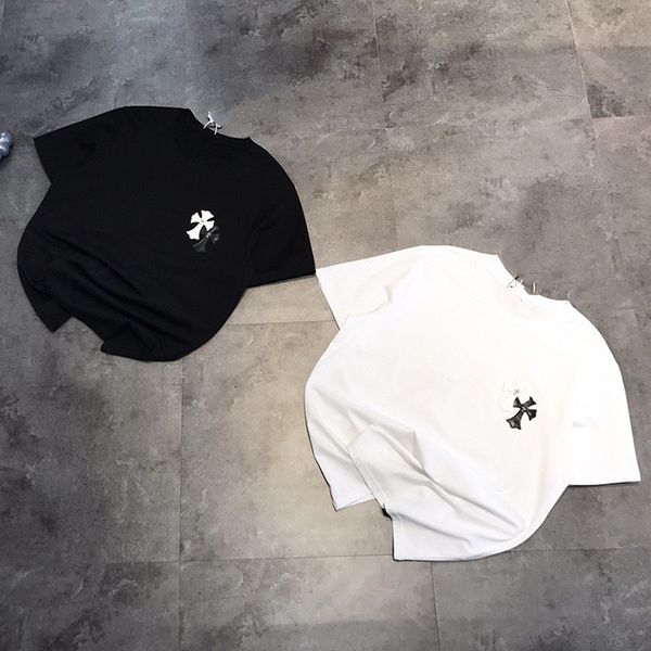 

50704 chrome/hearts heart pew cross embroidery lovers round neck short sleeve t-shirt, White;black