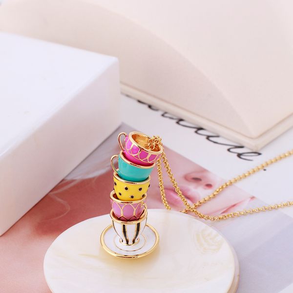 

interesting hand-painted enamel colored glaze teacup simple ks exquisite three-dimensional long necklace sweater chain girls, Silver