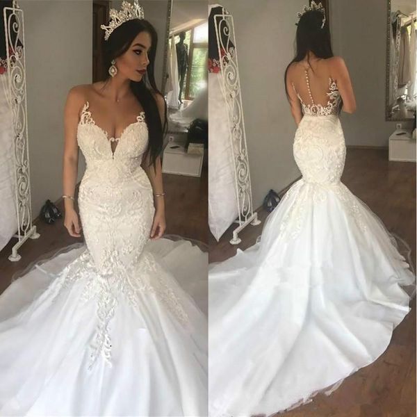 Árabe Sereia Lace Appliques Vestido De Noiva Plus Size Beading Dubai Nupcial Vestido Nupcial Long Train Backless Vestido de Novia Sheer Decote Vestidos Personalizados para Noiva