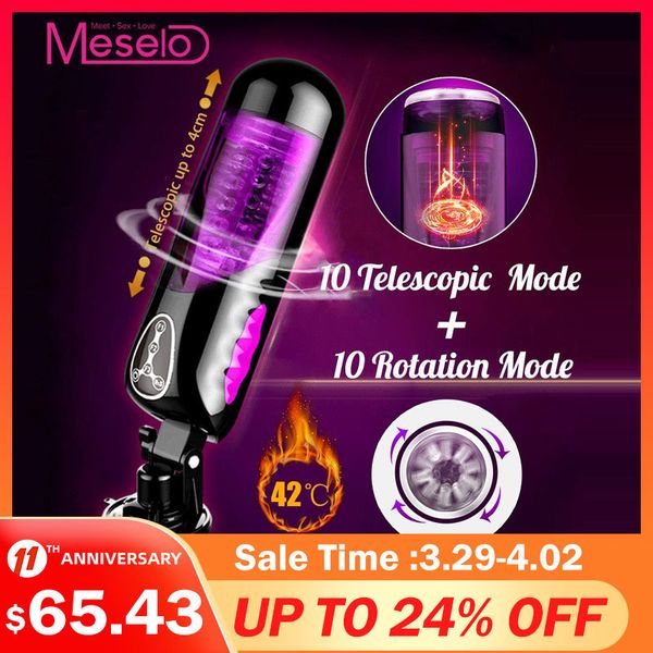 Meselo Automático Aquecido Telescópico Rotativo Voz Máquina de Sexo Vagina Bichano Vibrador Brinquedos Sexuais Masculinos Elétricos Masturbadores Q0419