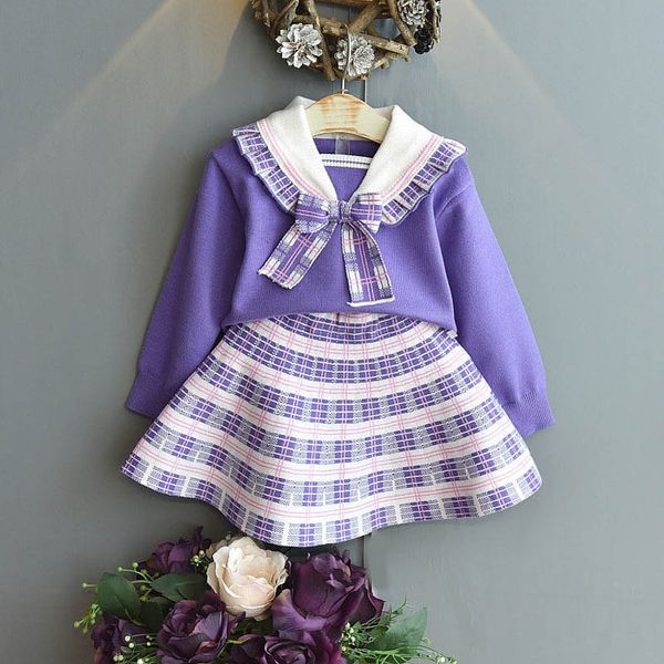 

girls sweater sets kids clothing baby clothes outfits autumn winter cotton plaid long sleeve knitting patterns sweaters short skirts childr, Blue