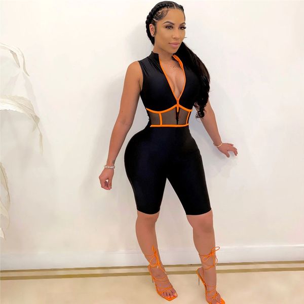 

mesh patchwork casual jumpsuits womens romper zipper v neck biker shorts playsuit summer romper female elastic skinny bodysuits, Black;white