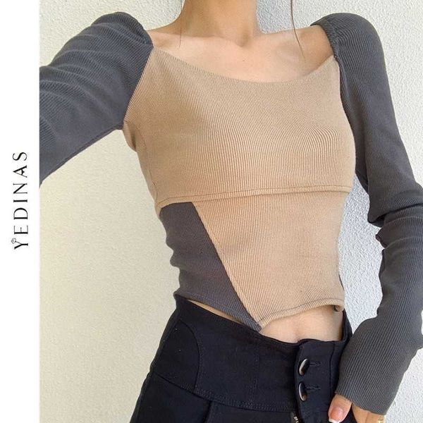 

yedinas spring patchwork slim t-shirt long sleeve vintage designer tshirt irregular streetwear korean knitted tee 210527, White