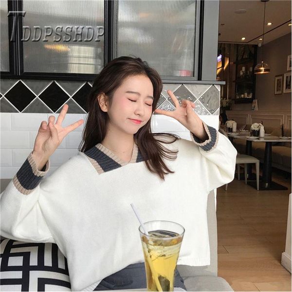 

women's sweaters 2021 autumn winter korean v neck women sweater loose easy to match contrast color pullover female, White;black