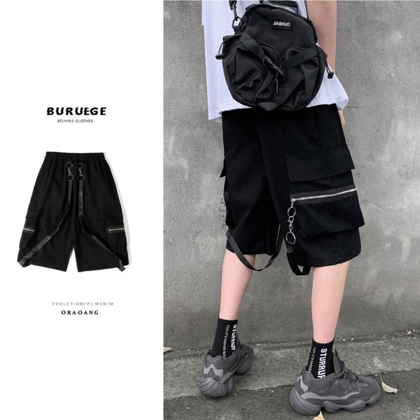 

men's shorts summer pocket fashion retro casual men streetwear loose hip-hop wide-leg black mens straight pants 9vb1, White;black