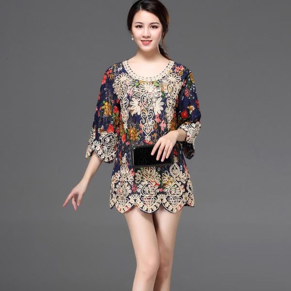 

women's blouses & shirts summer women lace blouse colorful floral print round neck 3/4 sleeve vintage ladies embroidery sequin blusas c, White
