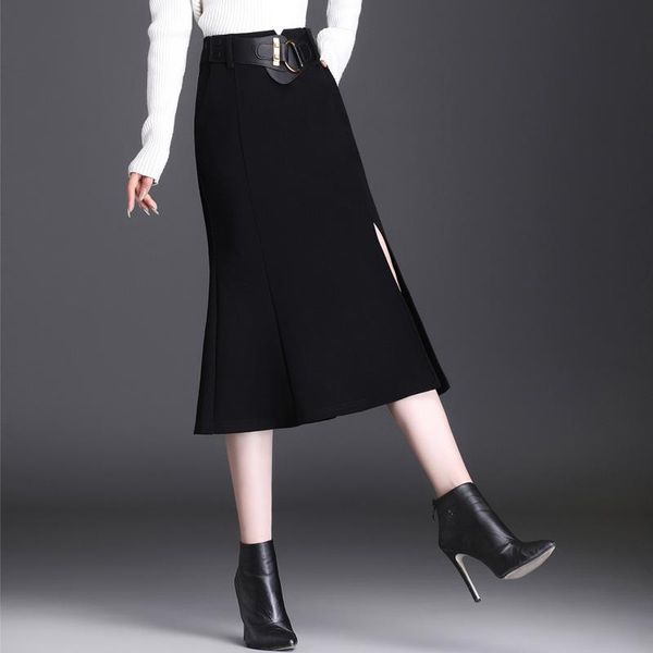 

skirts women fashion elegant high waist slit bodycon fishtail skirt fall winter office lady slim casual mid-long black 6762