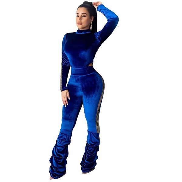 

2 piece pants sets women festival clothing sequin patchwork and pants party velvet tracksuit winter two piece women set, Black;white