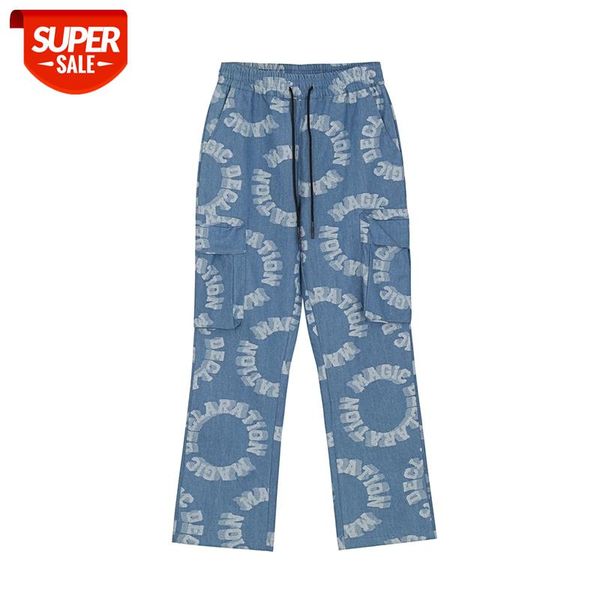 

high street letter print pockets jeans pants mens drawstring wide leg casual denim trousers oversize washed loose cargo #dw0l, Blue