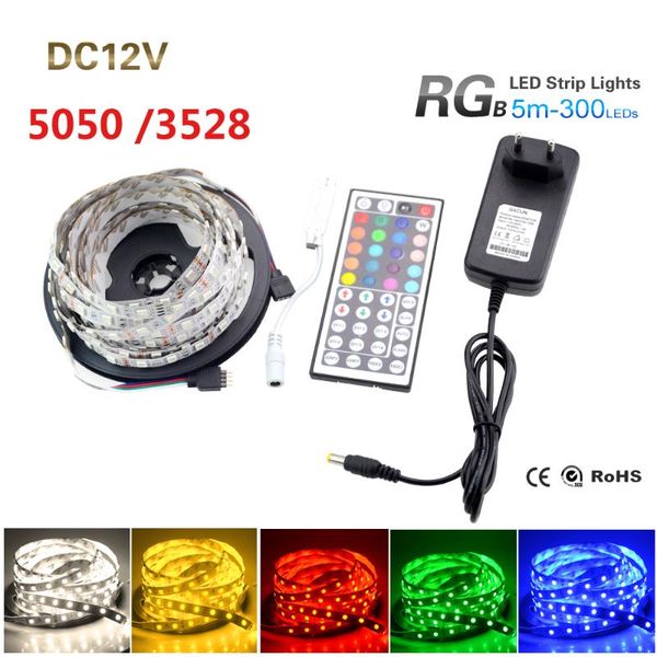 

led strip light 3528 smd 300leds 60led/m fiexble tape+44keys ir remote controller+12v 2a power supply strips