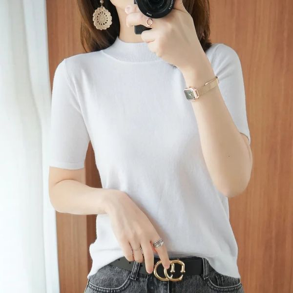 

women's t-shirt classic solid half turtleneck short sleeve knitted women korean style elastic slim knitwear summer tee female, White