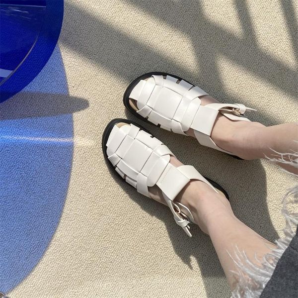 

sandals kanseet round toe hollow out beach women genuine leather 2021 summer shoes buckle strap casual black white flat