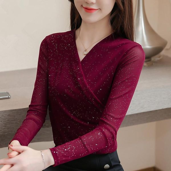 

women's blouses & shirts lace women spring autumn style lady v-neck wrap shine decor casual long sleeve blusas, White